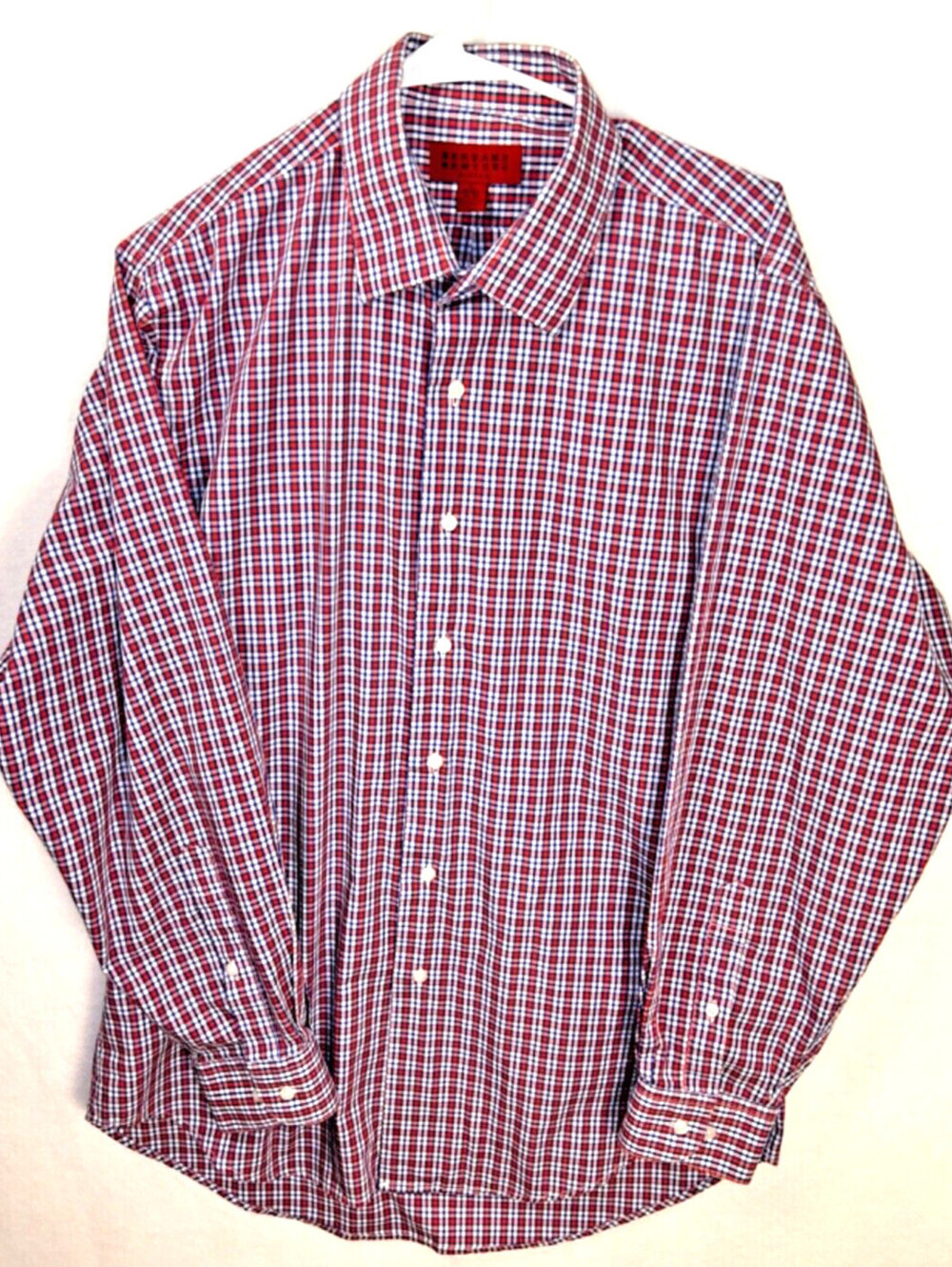 EUC Bergamo Shirt Mens Blue Red Plaid Fitted Long Sleeve L 16-16 1/2 34/35